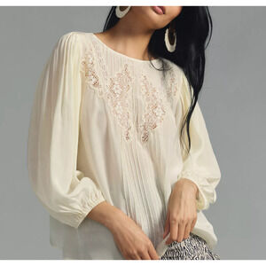Farm Rio Anthropologie Off-White Pullover Lace Blouse Womens Size Small